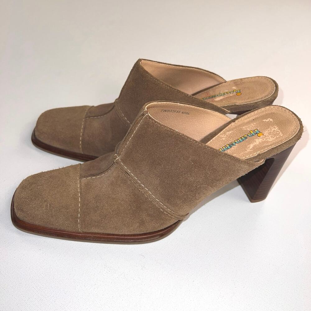 Ipanema Camel Brown Stitched Patchwoek Suede Stacked Heel Slip On Mules Size 9.5